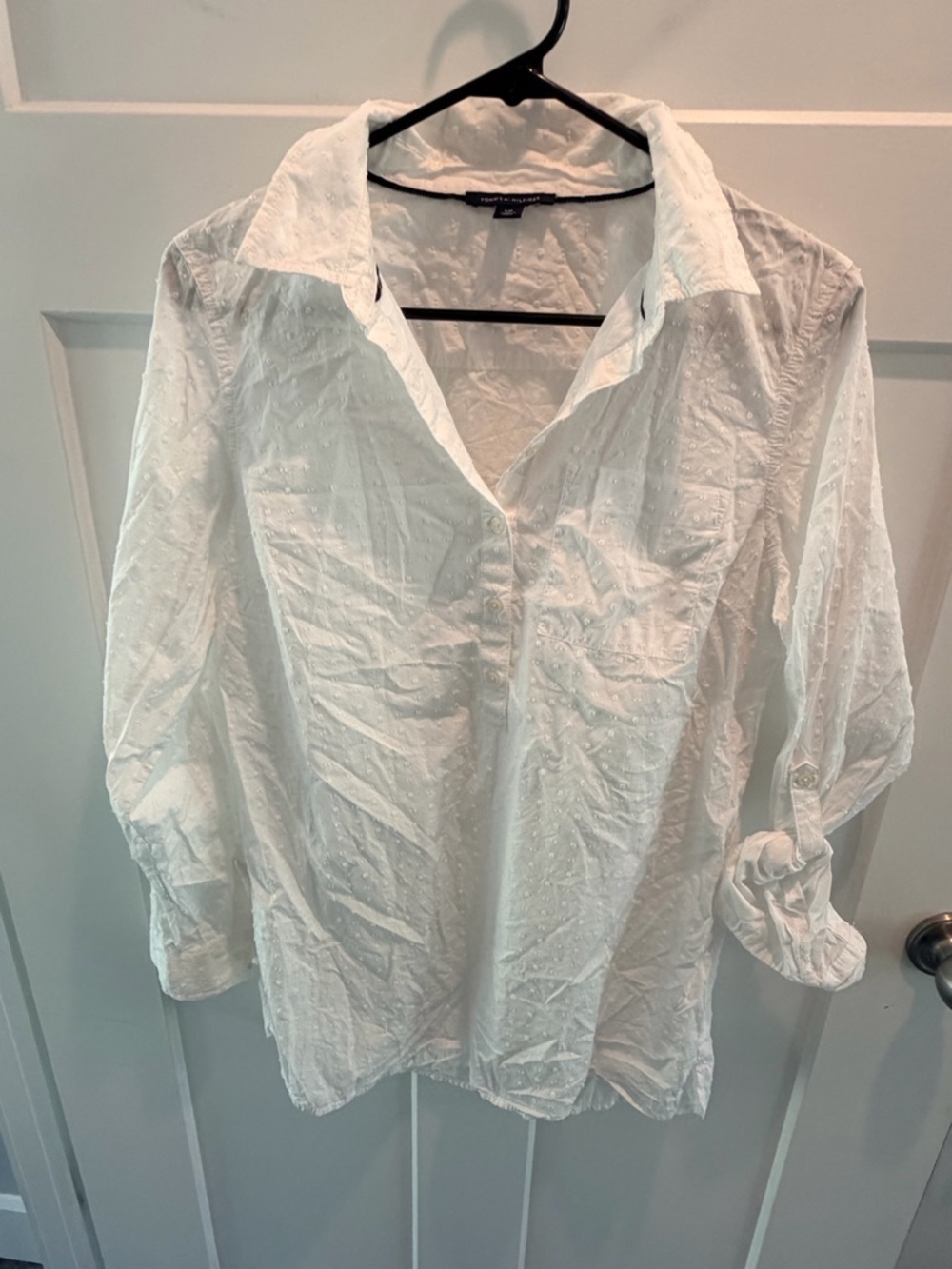 Tommy Hilfiger White Swiss Dot Blouse Small Button Front Classic Shirt